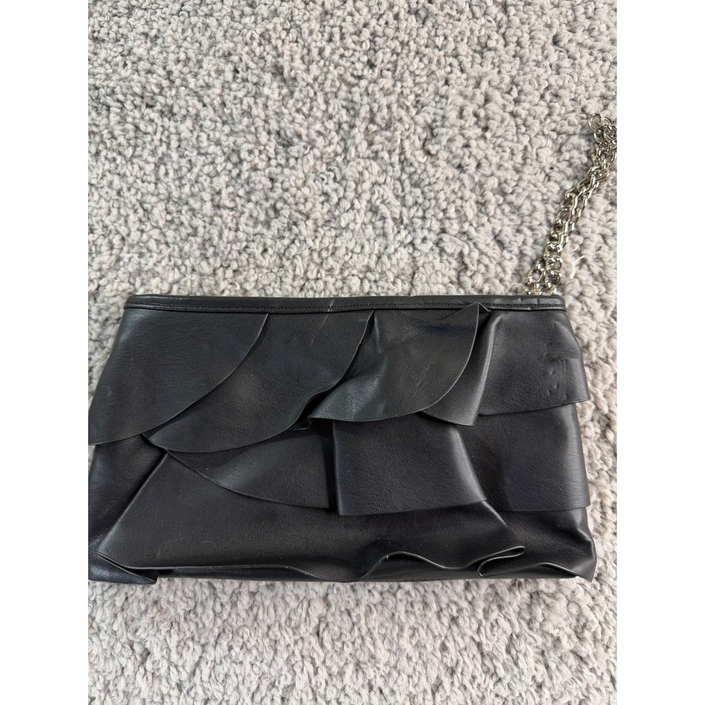 Express Black Ruffle Tiered Faux Leather Clutch Bag with Silver Chain Strap